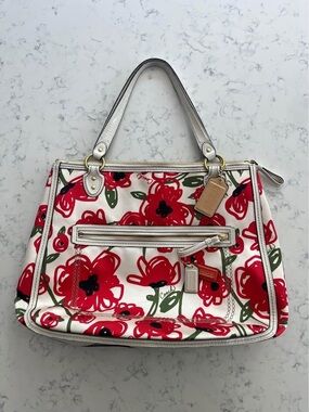 Coach Floral Print Red and White Tote with Green Accents